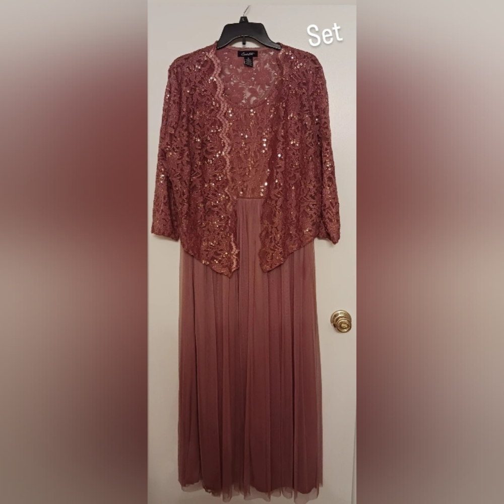 Candalute, XL, Dusty Rose sequin and tool formal church dress set.